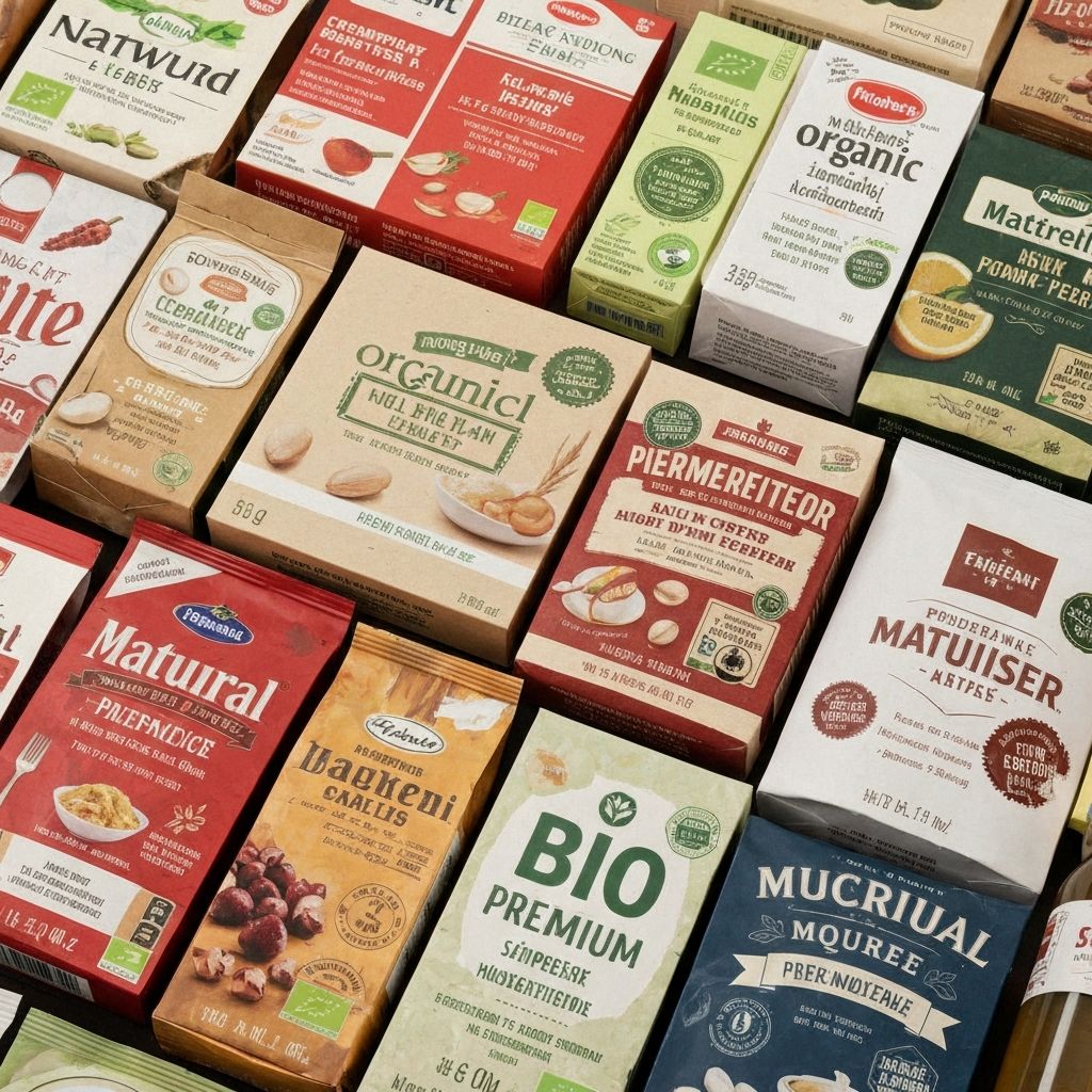 Verschiedene Verpackungen mit Werbetexten